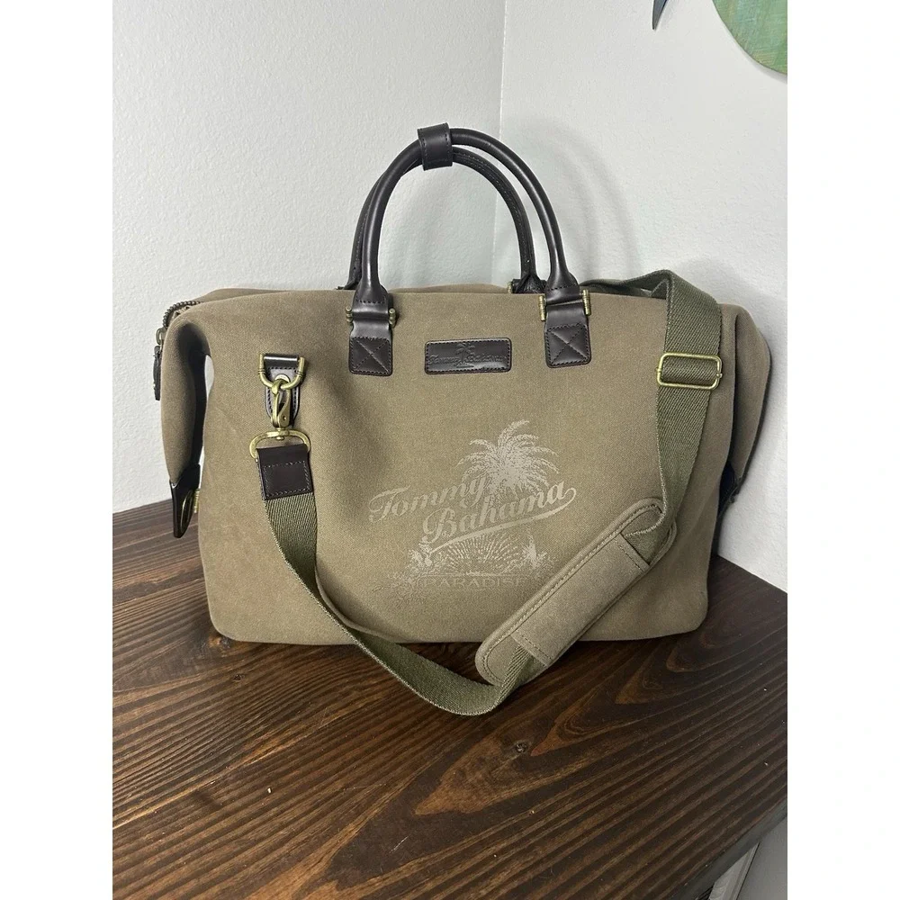 Tommy Bahama Canvas Duffle Bag Weekender Brown Travel Shoulder Carry On Luggage